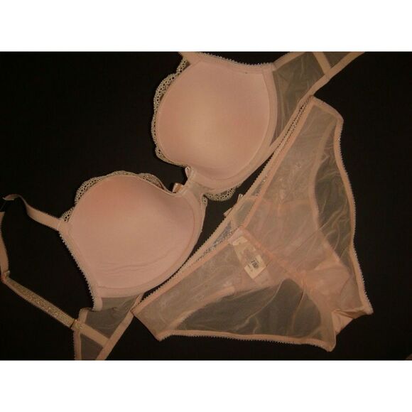 Victoria's secret 32D,34D BRA SET panty embroidered PINK gold peach DREAM ANGELS - Picture 3 of 3